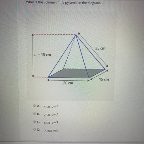 What is the volume of the pyramid in the diagram?

A.1,500cm3
B.2,500cm3
C.4,500cm3
D.7,500cm3