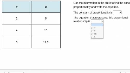 Use the information in the table to find the constant of proportionality and write the equation. Th