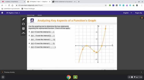 Use the graphing tool to determine the true statements regarding the represented function. Check al