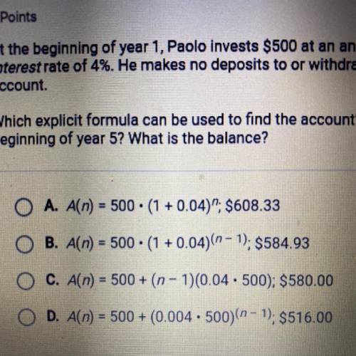 At the beginning of year 1, Paolo invests $500 at an annual compound

interest rate of 4%. He make