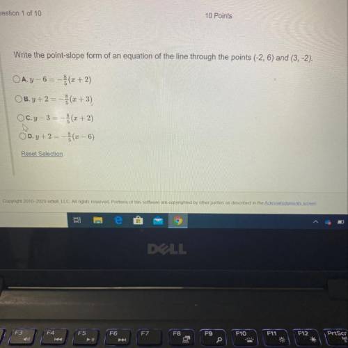 Write the point slope form of an equation of the line through the points (-2,6) and (3,-3)