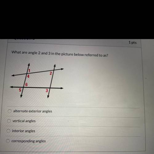 What are angles 2 and 3 in the picture below referred to as?

A. Alternate exterior angles 
B. Ver
