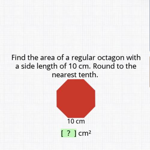 Find the area of a regular octagon with a side length of 10cm