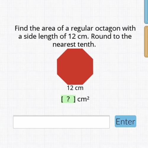 Find the area of a regular octagon with a side length of 12cm.