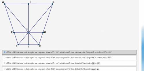 Which of the following explains how ΔBEI could be proven similar to ΔCEH using the AA similarity po