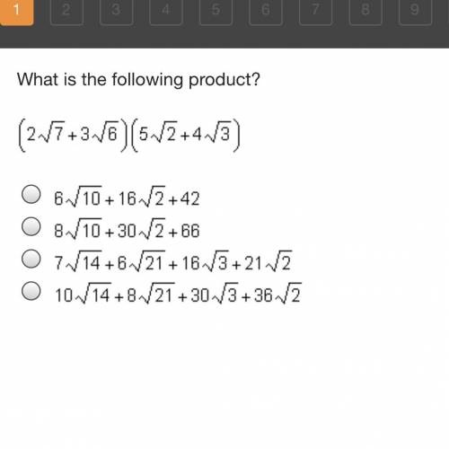 What is the following product? (2 sqrt 7 + 3 sqrt 6)(5 sqrt 2 + 4 sqrt 3