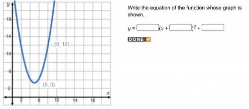 On a coordinate plane, a parabola opens up in quadrant 1. It goes through (2, 12), has a vertex at