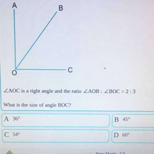 AOV is a right angle and the ratio AOB: BOC= 2:3 what is the size of angle BOC ?