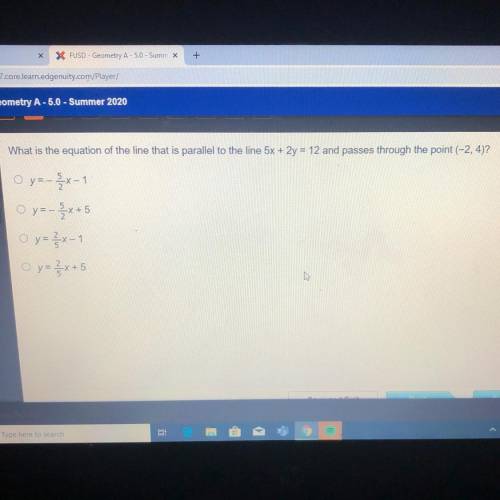 What is the equation of the line that is parallel to the line 5x + 2y = 12 and passes through the p