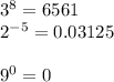 3^{8} = 6561\\2^{-5} = 0.03125\\\\9^{0} =0\\