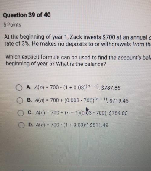At the beginning of year 1, Zack invests $700 at an annual compound interest

rate of 3%. He makes