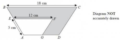 ABCD and AEFG are mathematically similar trapeziums. AE = 5 cm, EF = 12 cm, BC = 18 cm Work out the