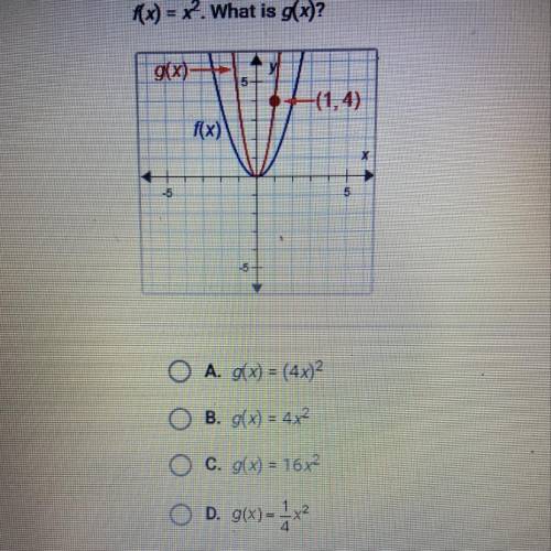 A(x) = x2. What is g(x)?

g(x)
5-
f(x)
X
5
-5
O A. g(x) = (4x)
O B. g(x) = 4x2
O c. g(x) = 16x2
O