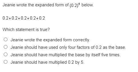 Jeanie wrote the expanded form of (0.2) superscript 5 below.