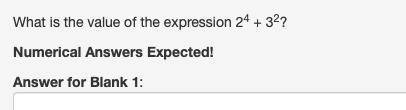 What is the value of the expression 2^4 + 3^2? Numerical Answers Expected!