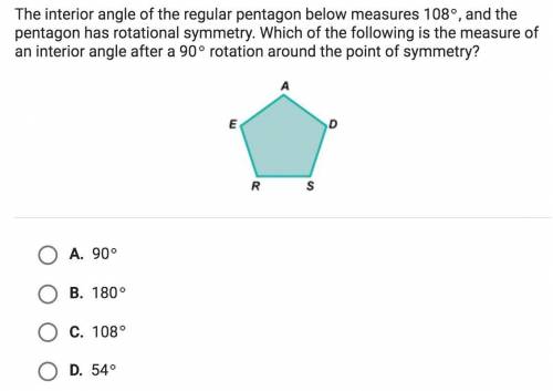 The interior angle of the regular pentagon below measures 108, and the pentagon has rotational symm