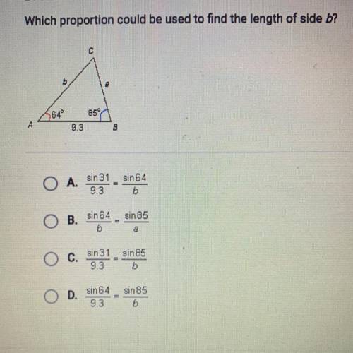 Which proportion could be used to find the length of side b?