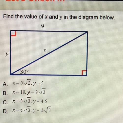 Find the value of x and y in the diagram below.