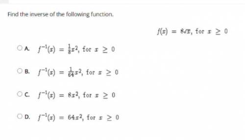 Find the inverse of the following function: f(x) = 8√x for x ≥ 0