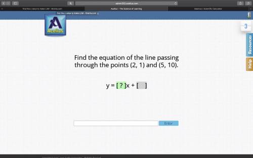 Find the equation of the lines passing through the points (2,1) and (5,10)