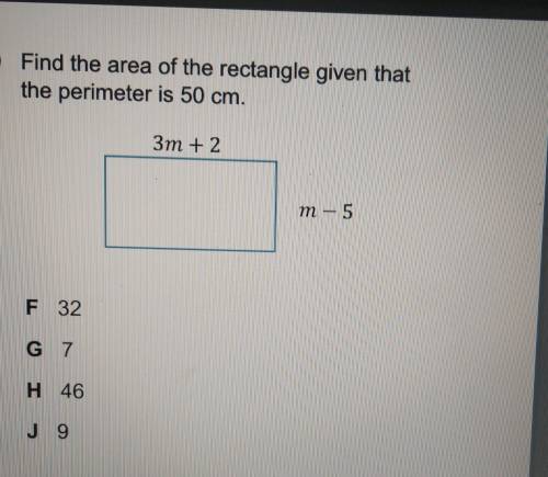 20 Find the area of the rectangle given that

the perimeter is 50 cm.3m + 2m - 5F 32G 7H 46J 9