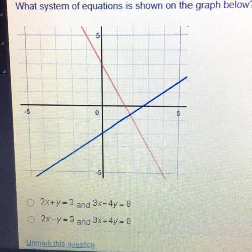 What system of equations is shown on the graph below?

2x+y=3 and 3x-4y=8
2x-y=3 and 3x+4y=8
2x+y=