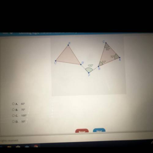 Triangle ABC is rotated 100° counterclockwise about point P to create A’B’C. What is m