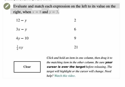 Evaluate and match each expression on the left to its value on the right, when x=8 and y=3.