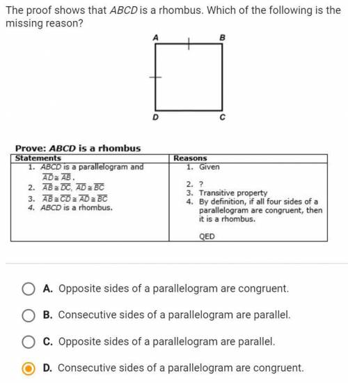 The proof shows that ABCD is a rhombus. Which of the following is the missing reason.