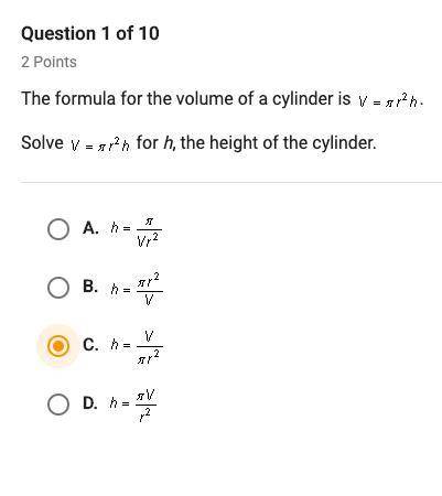 (Literal equations) The formula for the volume of a cylinder is V = πr^2h. Solve V = πr^2h for h, t