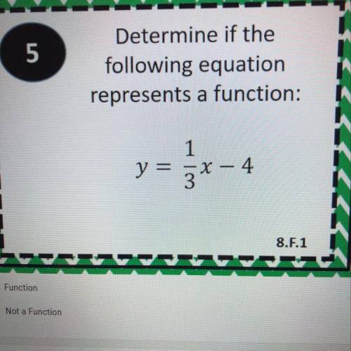 Determine if the
following equation
represents a function:
y = 1/3x – 4