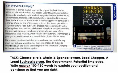 TASK: Choose a role. Marks & Spencer owner, Local Shopper, A Local Business person, The Governm