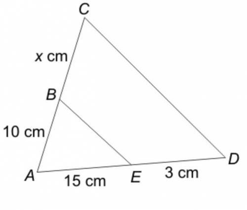 The two triangles in the diagram are similar. There are two possible values of x. Work out each of