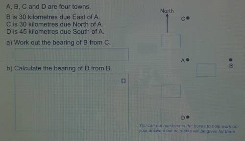 A, B, C and D are four towns.

 
NorthhB is 30 kilometres due East of A.C is 30 kilometres due Nort