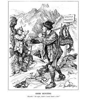 In this cartoon, titled Good Hunting, Hitler is represented by a hunter who has captured a small de