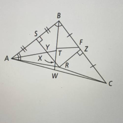 Which point is the incenter of triangle ABC?
1. X
2. T
3. R
4. Y