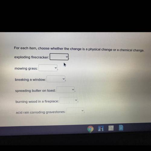 For each item, choose whether the change is a physical change or a chemical change.

exploding fir