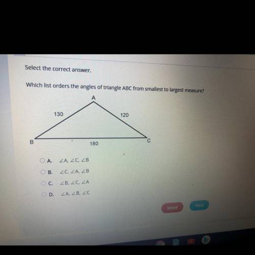 Which list orders the angles of triangle ABC from smallest to largest measure?