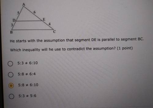 Adrian is using the indirect method to prove that segment DE is not parallel to segment BC in the t