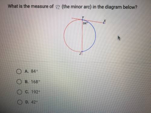What is the measure of yz (the minor arc) in the diagram below? A.168 B.42 C.192 D.84