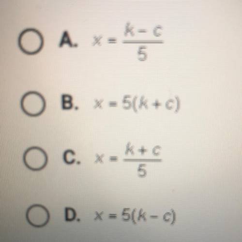 Solve 5x - c = k for x
Answers above