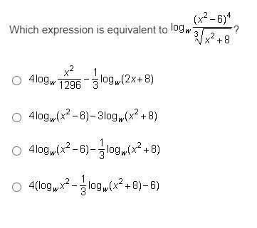 Which expression is equivalent to log Subscript w Baseline StartFraction (x squared minus 6) Supers