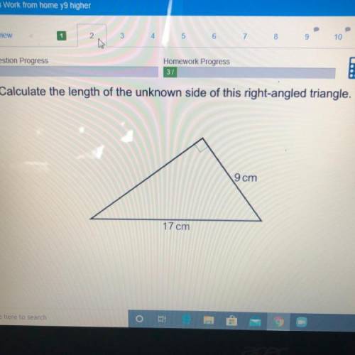Calculate the length of the unknown side of this right-angled triangle.
9 cm
17 cm