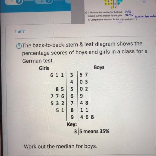 The back-to-back stem and leaf diagram shows the percentage score of boys and girls in a class for