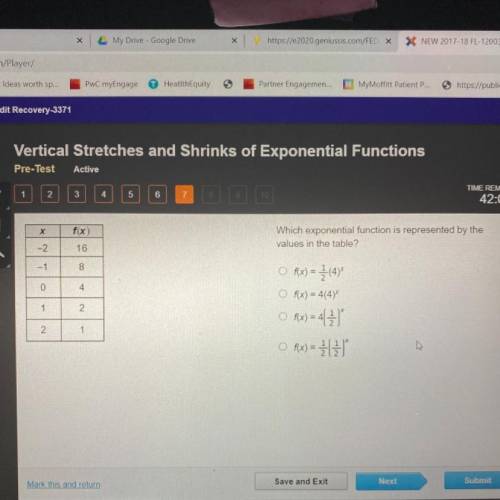 Х

f(x)
Which exponential function is represented by the
values in the table?
-2
16
-1
8
0
4
1
2
O