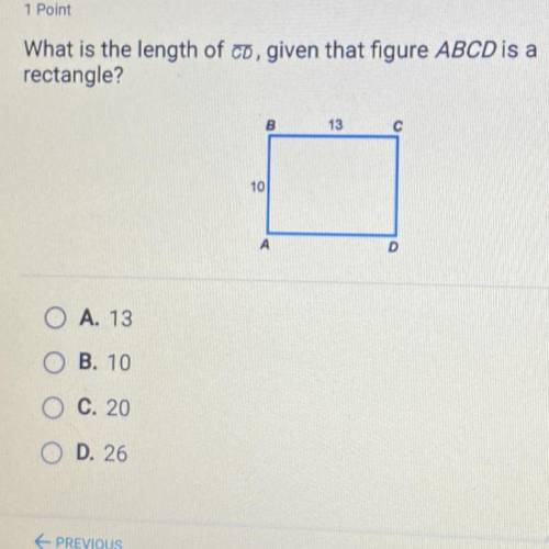 What is the length of co, given that figure ABCD is a

rectangle?
B
13
C
10
А
D