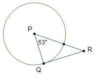 Segment QR is tangent to circle P at point Q. What is the measure of angle PQR? A. 37 B. 53 C. 90 D