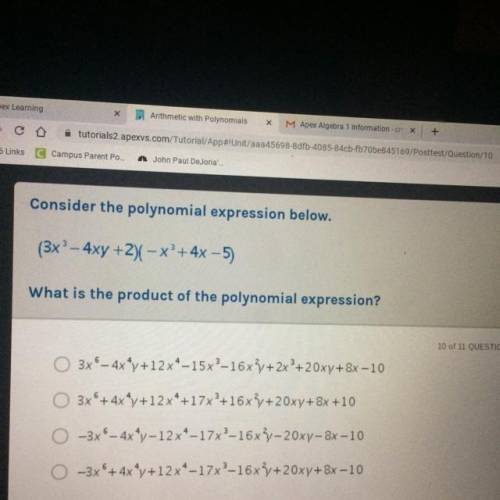 Consider the polynomial expression below.

(3x - 4xy + 2)(-x +4x - 5)
What is the product of the p