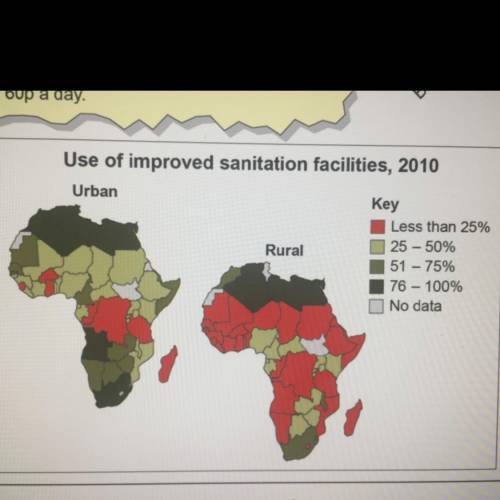 Using the map describe the pattern of improved sanitation facilities in urban and rural Africa