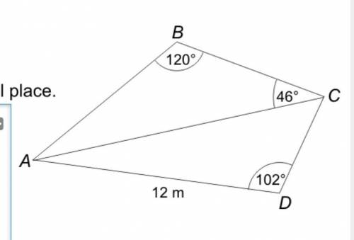 ABC and ADC are triangles The area of ADC is 52m^2 Work out the length of AB Give your answer to 1